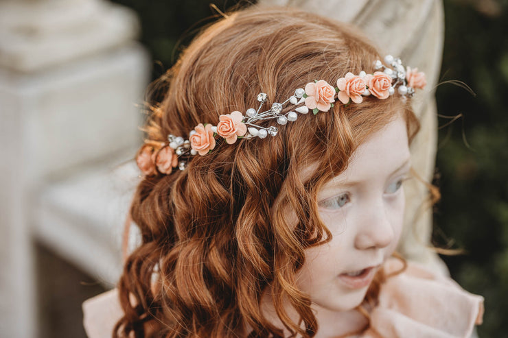 Handcrafted Peach Rose Pearl Branch Flower Crown