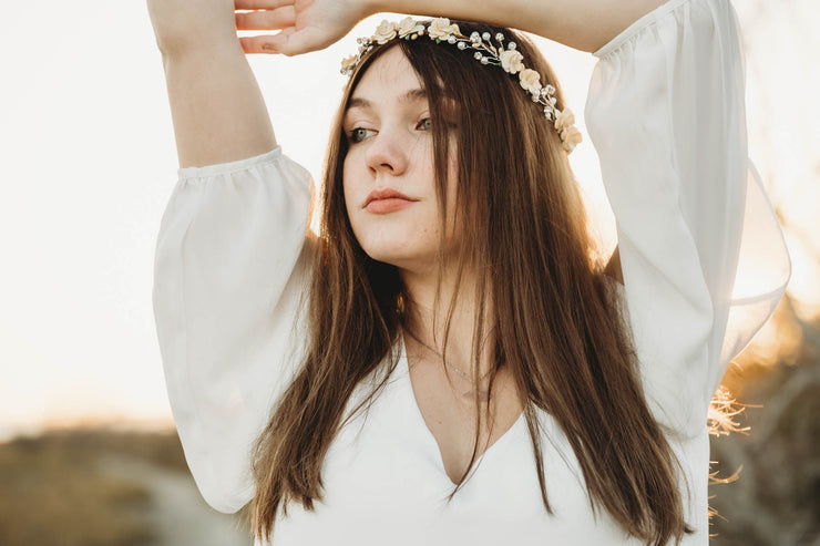 Handcrafted Ivory Cream Pearl Flower Crown
