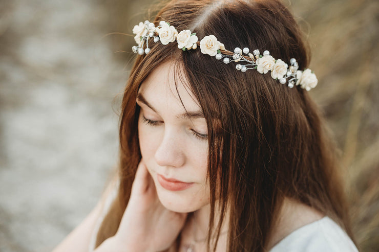 Handcrafted Ivory Cream Pearl Flower Crown