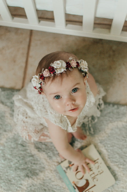 Handcrafted Baby Burgundy White and Pastel Pink Flower Crown