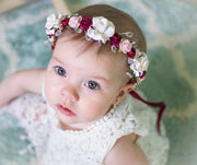 Handcrafted Baby Burgundy White and Pastel Pink Flower Crown