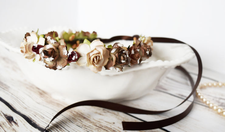 Snow Dusted Rustic Flower Crown Dark Brown Taupe Burgundy Red Floral Wreath Bridal Accessory Flower Girl Proposal Mountain Wedding