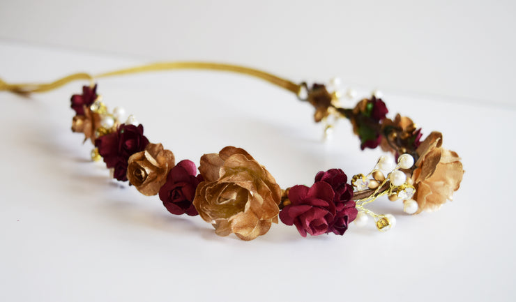 Handcrafted Romantic Burgundy and Gold Pearl Flower Crown