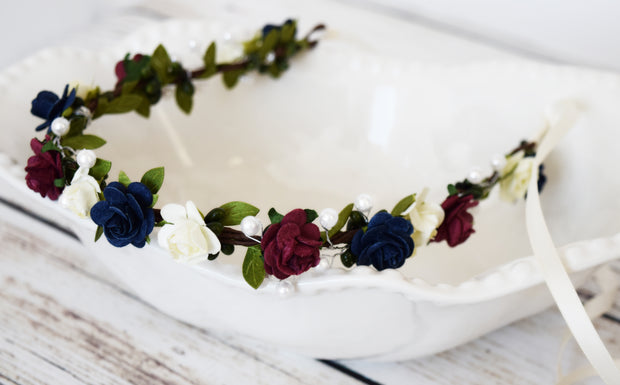 Handcrafted Burgundy Ivory and Navy Pearl Flower Crown