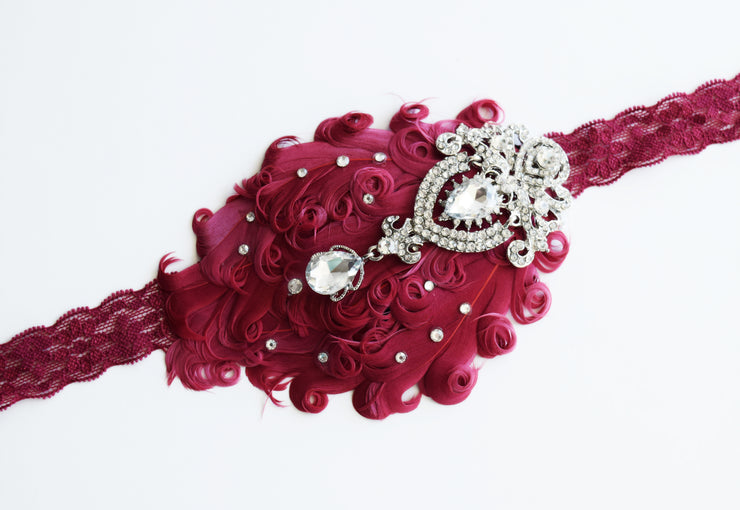 Handcrafted Rich Burgundy 20's Feather Headband