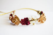Handcrafted Romantic Burgundy and Gold Pearl Flower Crown