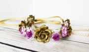 Handcrafted Fuchsia Purple and Gold Teardrop Crystal Flower Crown