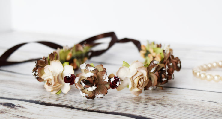 Snow Dusted Rustic Flower Crown Dark Brown Taupe Burgundy Red Floral Wreath Bridal Accessory Flower Girl Proposal Mountain Wedding