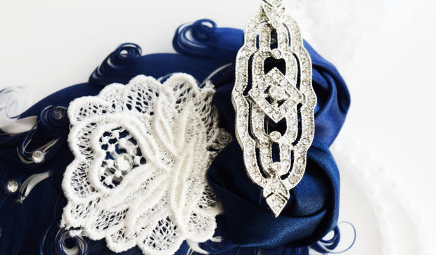 Handcrafted Art Deco Navy Blue and White Headband