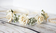 Handcrafted Sage and Ivory Flower Girl Crown