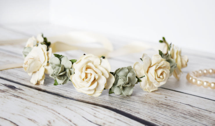 Handcrafted Sage and Ivory Flower Girl Crown