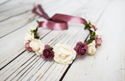 Handcrafted Cream Mauve and Dusty Rose Flower Crown