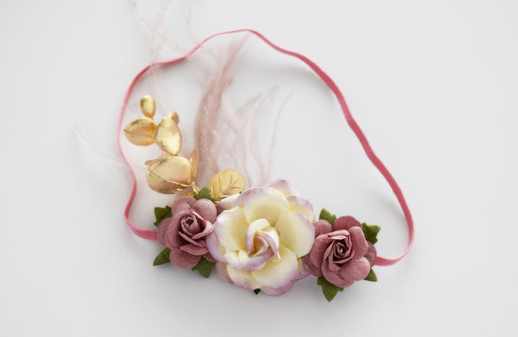 Handcrafted Mauve Ivory and Gold Baby Headband
