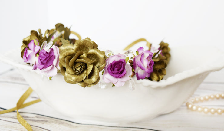 Handcrafted Fuchsia Purple and Gold Teardrop Crystal Flower Crown