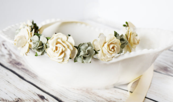 Handcrafted Sage and Ivory Flower Girl Crown