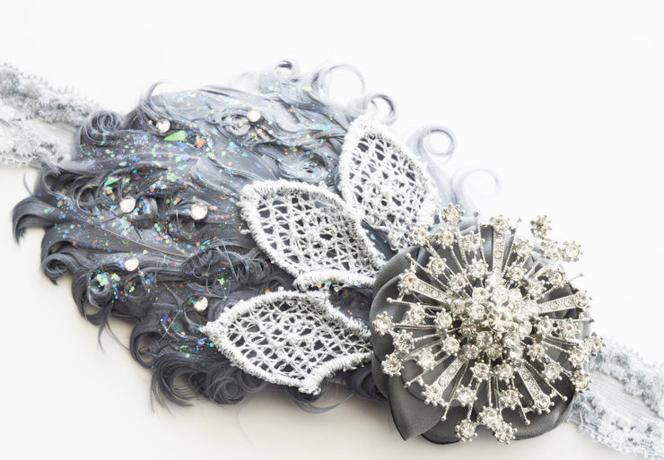 Handcrafted Sparkly 20's Grey Snowflake Feather Headband