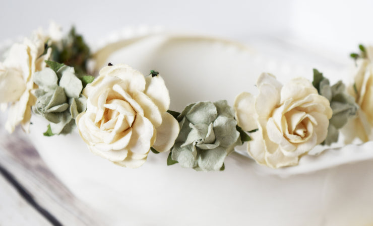 Handcrafted Rustic Sage Green and Ivory Cream Flower Girl Crown Small Floral Halo Bridal Headband Bridesmaid Wreath Bohemian