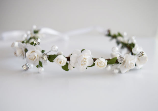 Handcrafted Dainty White Pearl Rose Flower Crown