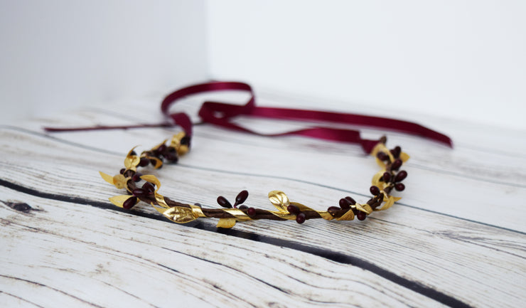 Handcrafted Burgundy and Gold Leaf Simple Crown