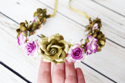 Handcrafted Fuchsia Purple and Gold Teardrop Crystal Flower Crown