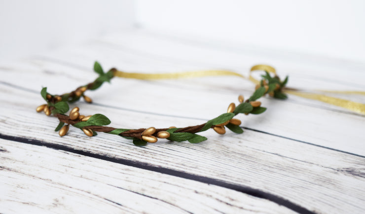 Simple Gold and Green Leaf Flower Girl Crown Wedding Halo Woodland Bridal Minimalist