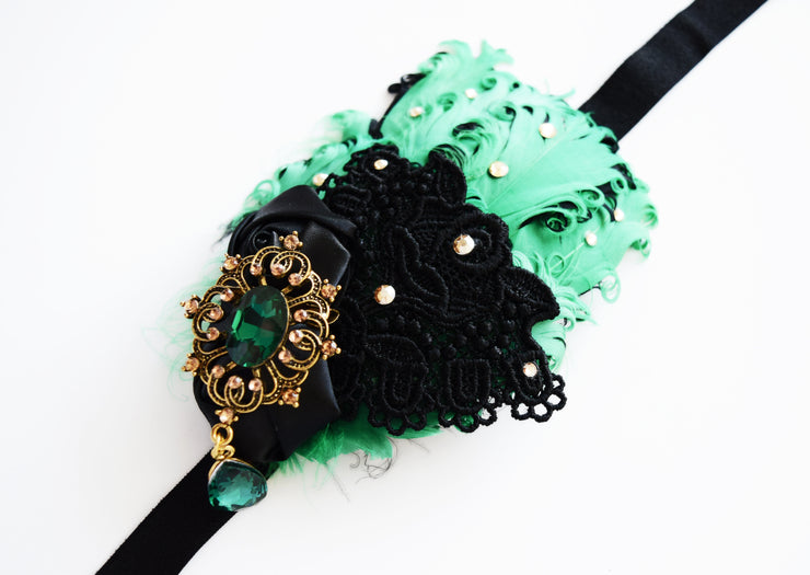 Handcrafted Emerald Green and Black 20s Headband
