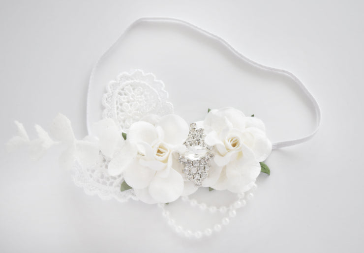 Handcrafted White Rose Baby Girl Headband