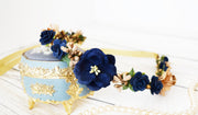 Handcrafted Navy Blue and Gold Flower Girl Crown
