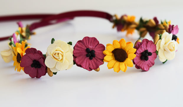 Burgundy Anemone Yellow Sunflower and Ivory Rose Flower Crown