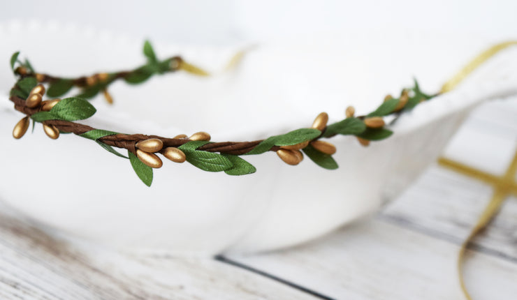 Handcrafted Simple Gold and Green Leaf Crown