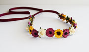 Burgundy Anemone Yellow Sunflower and Ivory Rose Flower Crown