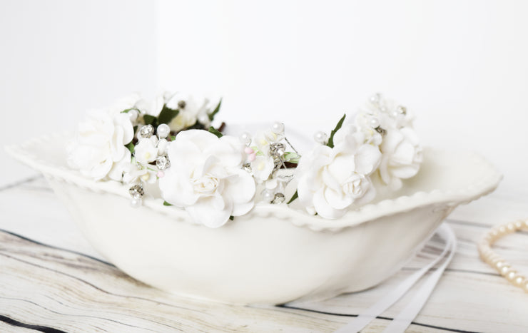 Handcrafted White Rose and Pearl Flower Girl Crown