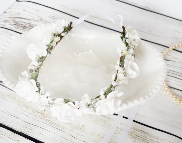 Handcrafted White Rose and Pearl Flower Girl Crown