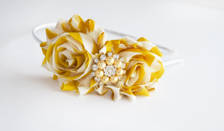 Handcrafted Mustard and Ivory Shabby Rose Headband
