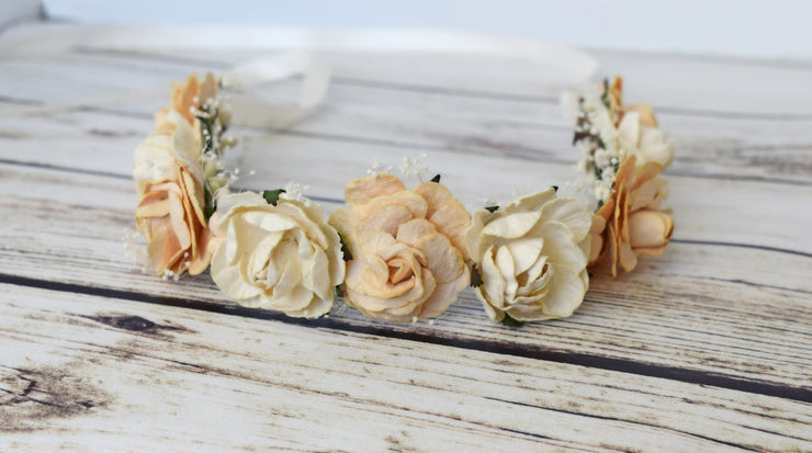 Handcrafted Peach and Ivory Baby's Breath Flower Crown