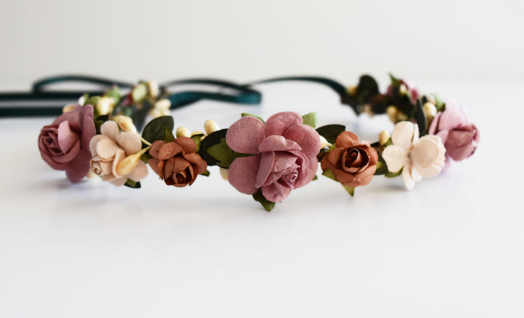Handcrafted Fall Mauve and Copper Flower Crown