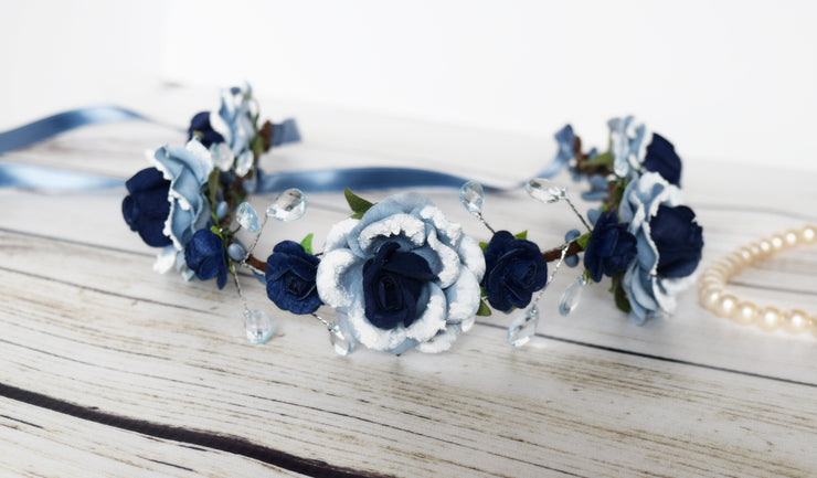 Handcrafted Snow Dusted Navy and Dusty Blue Teardrop Flower Girl Crown