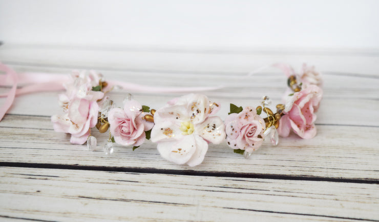 Handcrafted Light Pink Teardrop Rhinestone Flower Crown