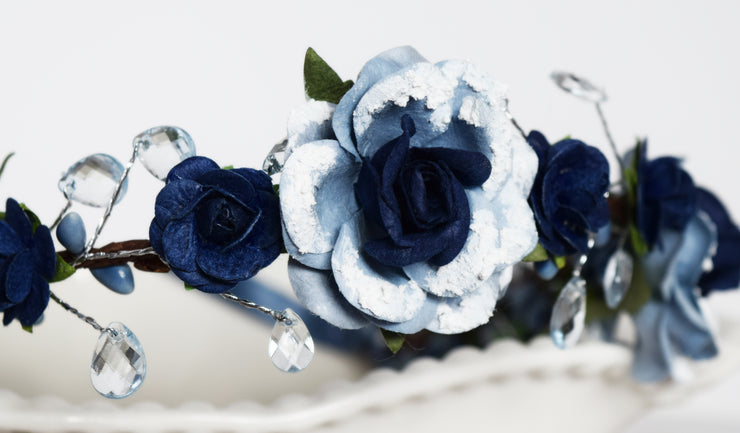 Handcrafted Snow Dusted Navy and Dusty Blue Teardrop Flower Girl Crown