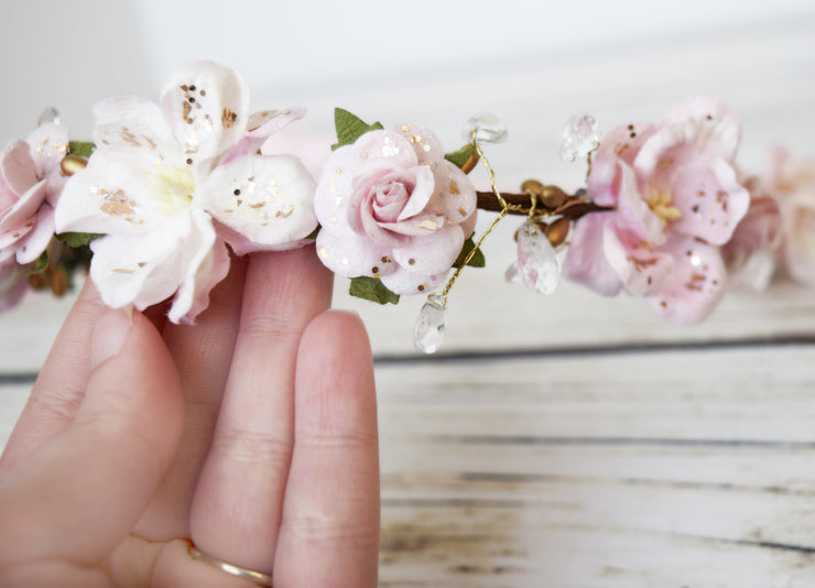 Handcrafted Light Pink Teardrop Rhinestone Flower Crown
