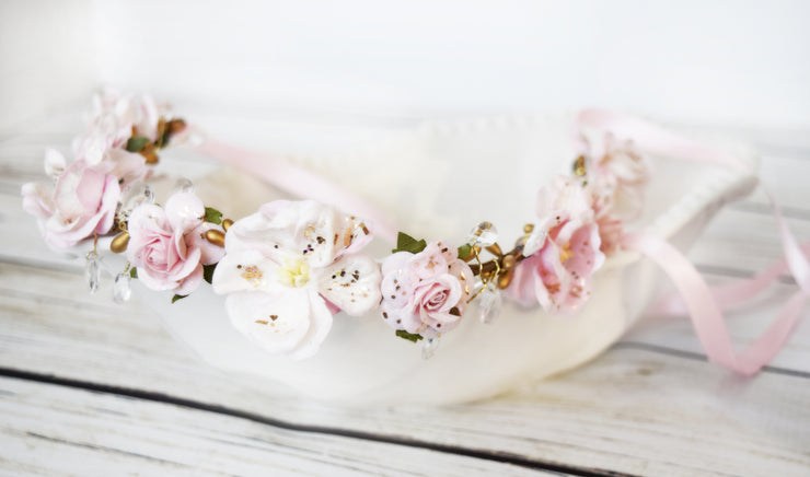 Handcrafted Light Pink Teardrop Rhinestone Flower Crown