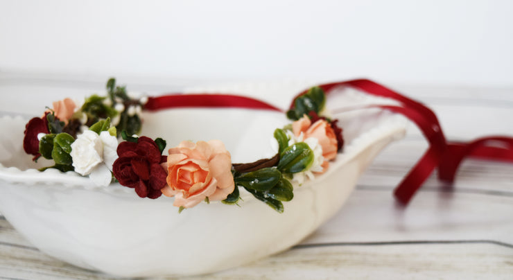 Handcrafted Evergreen Red Peach and White Flower Girl Crown