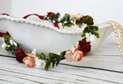 Handcrafted Evergreen Red Peach and White Flower Girl Crown