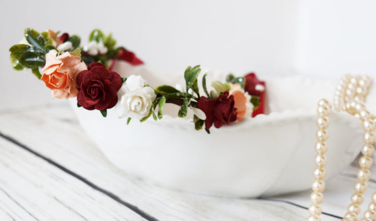 Handcrafted Evergreen Red Peach and White Flower Girl Crown