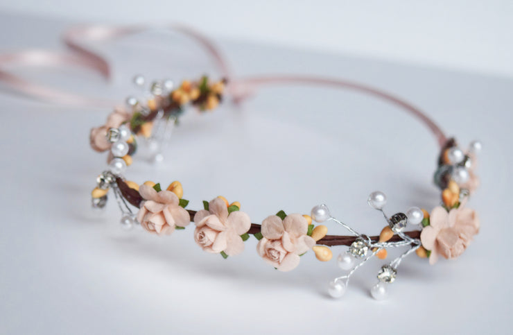 Handcrafted Blush Champagne Pearl Flower Crown