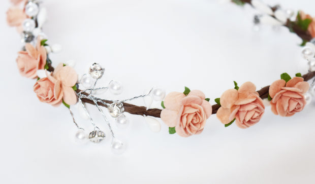 Handcrafted Peach Pearl Flower Crown