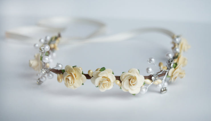 Handcrafted Ivory Cream Pearl Flower Crown