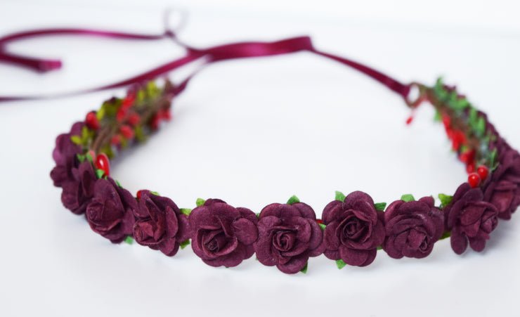 Handcrafted Burgundy Rose Flower Crown