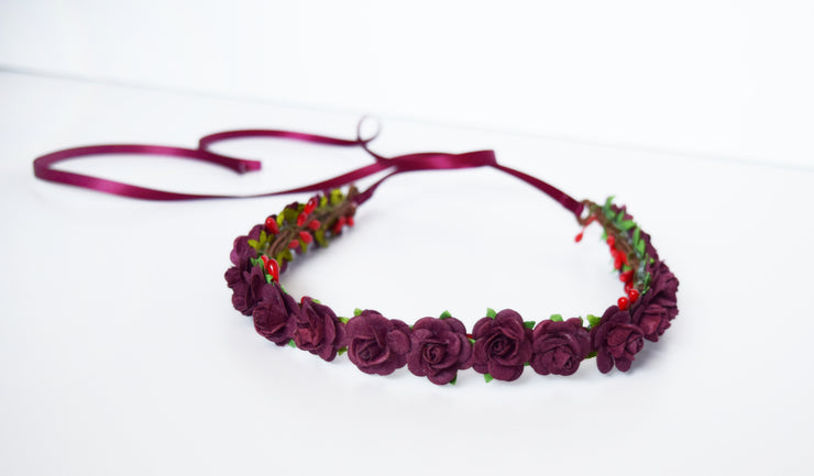 Handcrafted Burgundy Rose Flower Crown