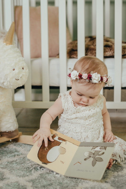 Handcrafted Baby Burgundy White and Pastel Pink Flower Crown